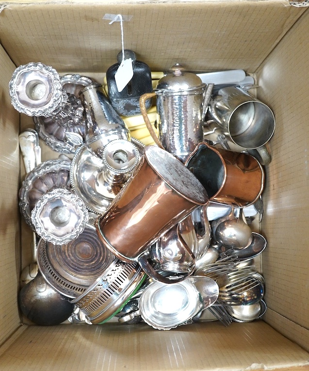 A quantity of assorted plated and copper wares including a pair of candlesticks, a pair of wine coasters, a chamberstick, cutlery etc. Condition - varies